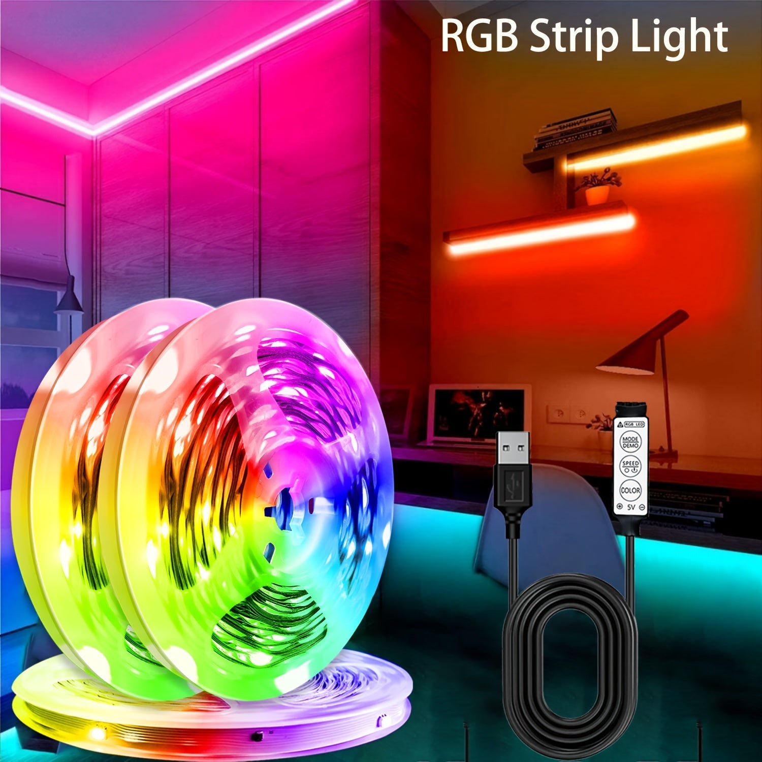 1 Rollo de Tira LED RGB NBBUFF para TV - Control de 3 Botones (Color/Atenuar/Blink), Luz Flexible con Alta Luminosidad, Alimentación USB para Dormitorio, Sala de Juegos, Halloween, Navidad y Bodas, Luces Decorativas, Efectos Dinámicos, Iluminación de Cal