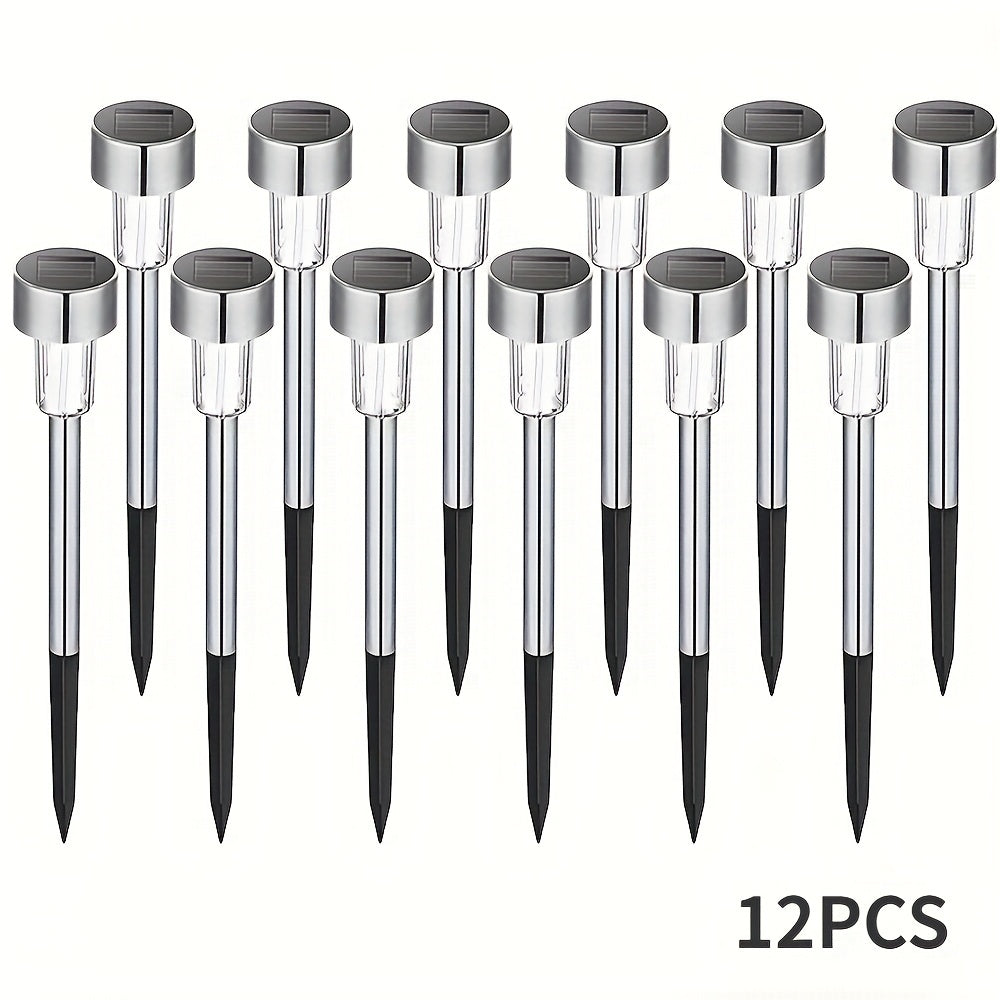 Juego de 12 Luces Solares Tubulares de Acero Inoxidable para Exteriores, Iluminación Paisajística y Jardín con Varilla de Acero Inoxidable, Lámpara para Césped IP44
