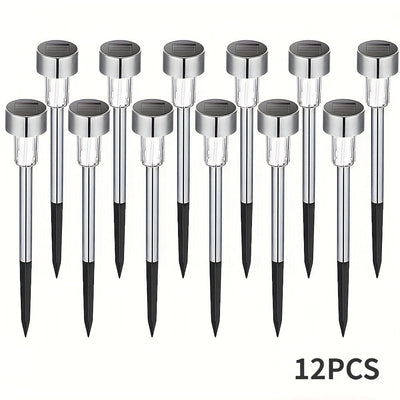 Juego de 12 Luces Solares Tubulares de Acero Inoxidable para Exteriores, Iluminación Paisajística y Jardín con Varilla de Acero Inoxidable, Lámpara para Césped IP44
