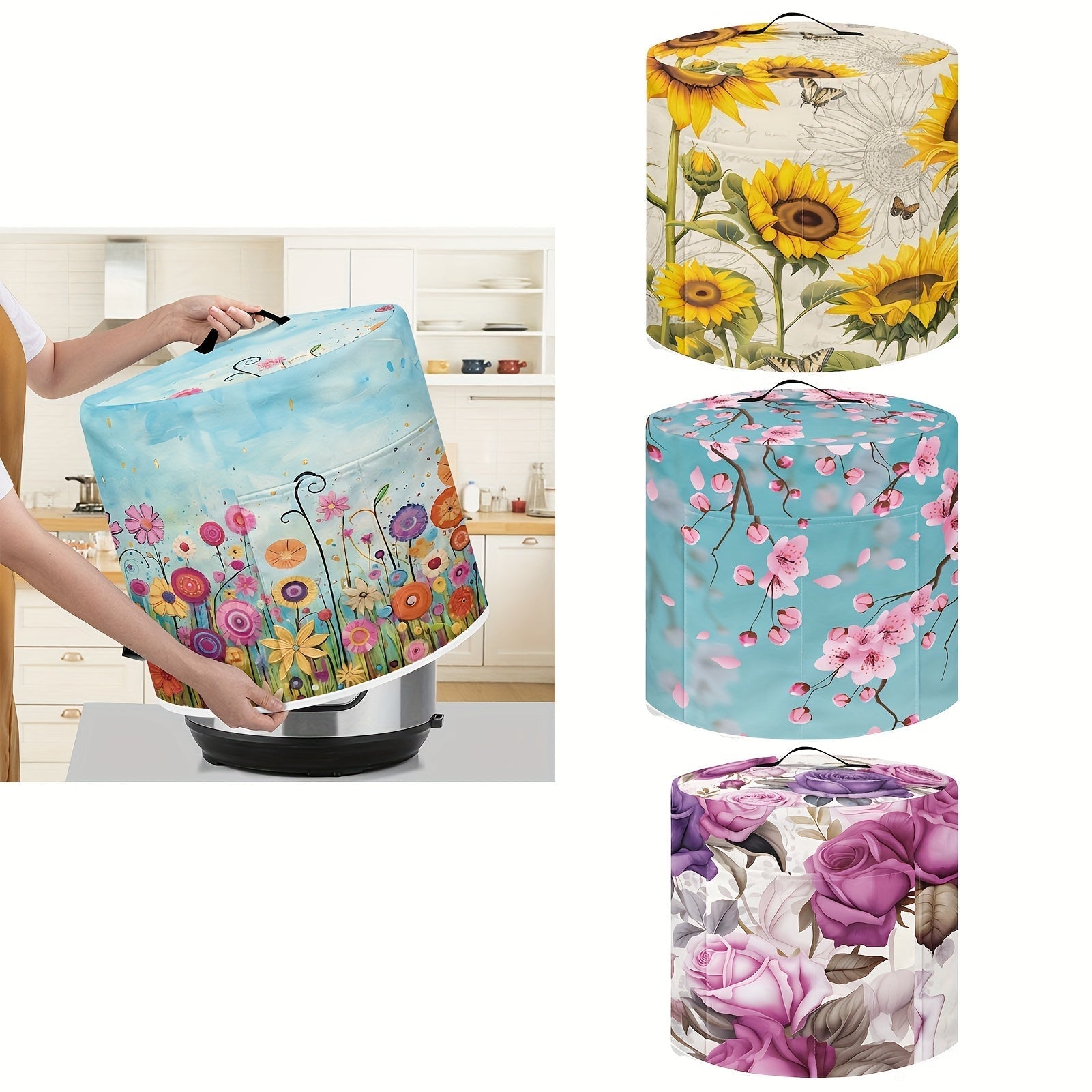 Fundas Versátiles para Electrodomésticos de Cocina: Diseño de Flores Coloridas / Floración Morada de Lavanda / Girasol con Libélula / Diseño de Flor de Cerezo Rosa para Arroceros, Ollas a Presión y Freidoras Aireadas, con Asa Superior y Bolsillo