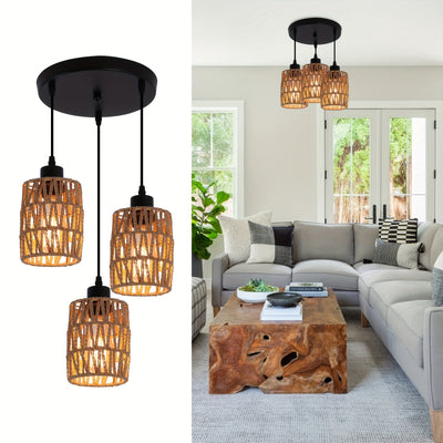 1 lámpara de techo bohemio de 3 luces con sombra tejida en mimbre - Decoración moderna para comedor, cocina y dormitorio - Base E27 (bombillas no incluidas) - Montaje semiempotrado, fácil instalación, diseño ligero de mimbre | Accesorios y decoración par