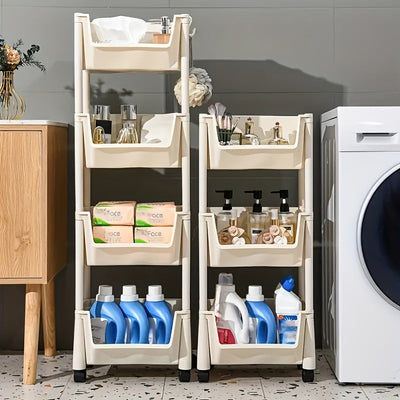 Estante de almacenamiento de plástico de 3/4/5 niveles con ruedas - Organizador versátil para sala de estar, dormitorio, residencia | Uso para todas las estaciones, sin necesidad de ensamblaje, blanco, organizador de almacenamiento de 4 niveles