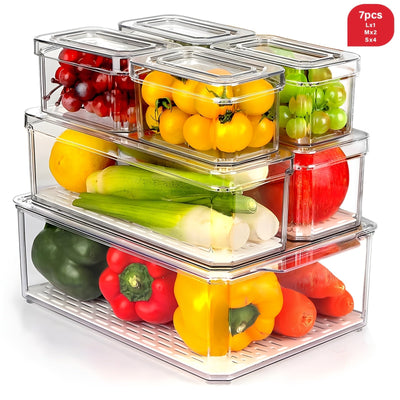THELIFE 28/14 piezas, Organizador de refrigerador (14/7 contenedor + 7 tapa) Perfecto para almacenamiento y organización de alimentos en la cocina de RV, Seguro para lavavajillas, Negro, Esencial para la organización de la cocina!