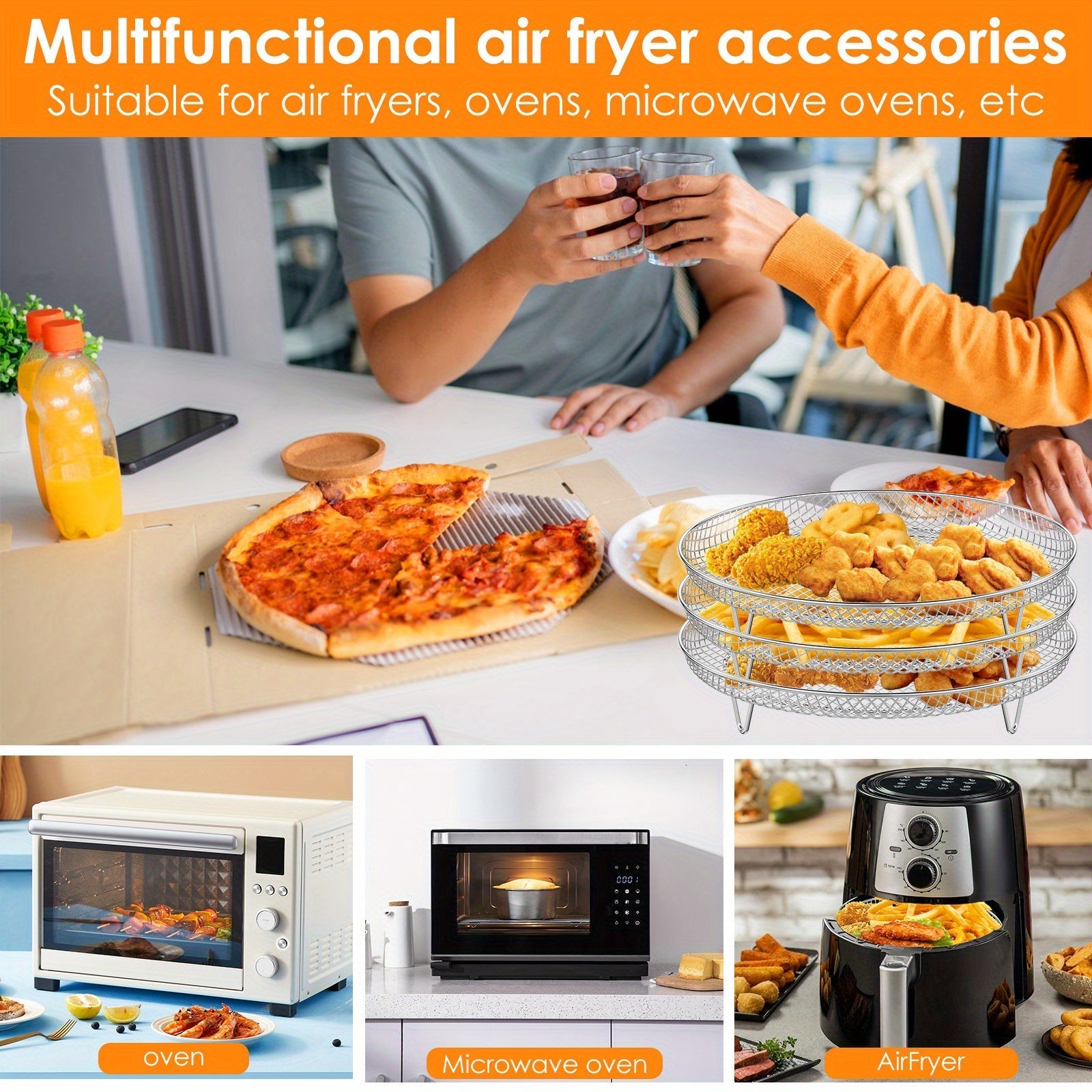 Soporte de 3 niveles para freidora de aire de acero inoxidable - Accesorio circular para asar, vaporizar y hornear con juego de clips para alimentos, frutas y verduras - Ideal para uso en cocina doméstica, accesorio para freidora de aire