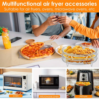 Soporte de 3 niveles para freidora de aire de acero inoxidable - Accesorio circular para asar, vaporizar y hornear con juego de clips para alimentos, frutas y verduras - Ideal para uso en cocina doméstica, accesorio para freidora de aire