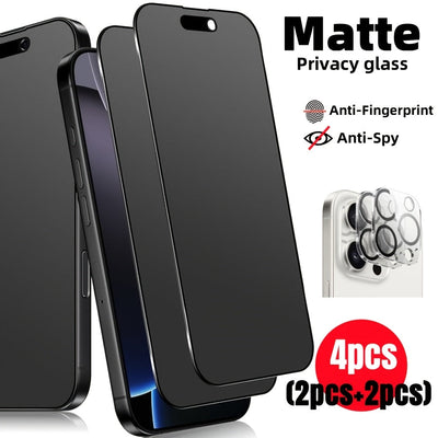 2+2 piezas de protectores de pantalla de privacidad mate con protectores de lentes de cámara para la serie de modelos de for iphone, vidrio templado mate anti-espiar, 9H de dureza, protectores de vidrio de privacidad anti-arañazos, compatibles con for ip