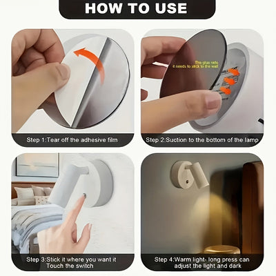 1 pieza Luz Nocturna Giratoria de 360°, Alimentada por USB con Batería de Litio Recargable, Lámpara de Lectura LED Magnética, Brillo Ajustable al Tacto, Adecuada para Dormitorio junto a la Cama, Armario, Sala de Estar, Escritorio, Decoración de Barra, Cu