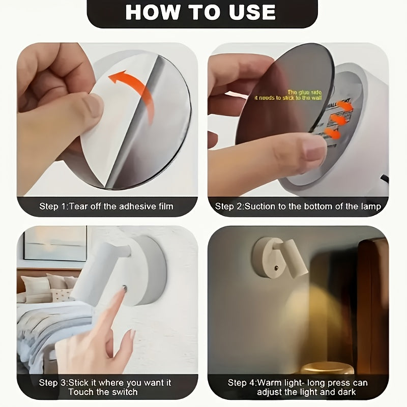 1 pieza Luz Nocturna Giratoria de 360°, Alimentada por USB con Batería de Litio Recargable, Lámpara de Lectura LED Magnética, Brillo Ajustable al Tacto, Adecuada para Dormitorio junto a la Cama, Armario, Sala de Estar, Escritorio, Decoración de Barra, Cu