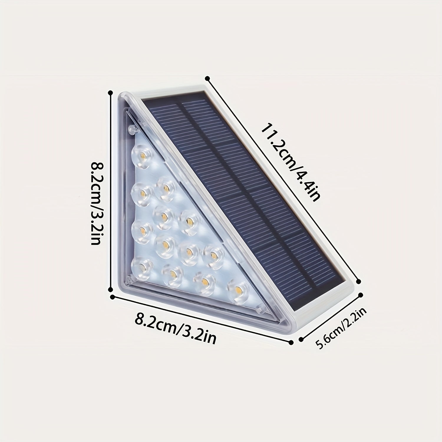 Luces de escalera triangular LED solares de 6 unidades, iluminación de escalera de madera exterior ABS, sconces de jardín cálidos/blancos, acabado pulido duradero, montaje flush, control de interruptor, no desmontable, impermeable, alimentado por energía