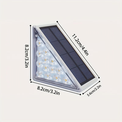 Luces de escalera triangular LED solares de 6 unidades, iluminación de escalera de madera exterior ABS, sconces de jardín cálidos/blancos, acabado pulido duradero, montaje flush, control de interruptor, no desmontable, impermeable, alimentado por energía