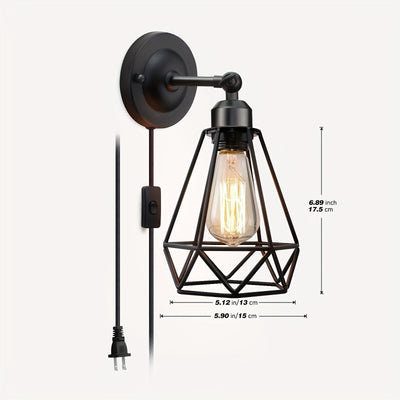 2 piezas de apliques de pared rústicos industriales con diseño de bombilla Edison, lámparas de jaula de alambre metálico de 60W, energéticamente eficientes con interruptor de encendido/apagado, ideales para decoración de dormitorio y porche
