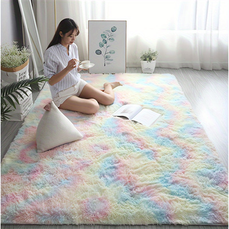 Alfombra de felpa lujosa con diseño tie-dye arcoíris - 100% poliéster, solo lavado a mano | Suave y acogedora para dormitorio y sala, colores pastel, ideal para decoración del hogar y comodidad, tapetes para sala