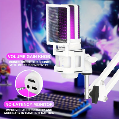 Micrófono de condensador USB ZealSound con luces RGB, silenciamiento y control de volumen de un toque, brazo de pie ajustable, filtro de pop, montura de choque, adaptador USB-C, plug & play para grabación, juegos, reuniones