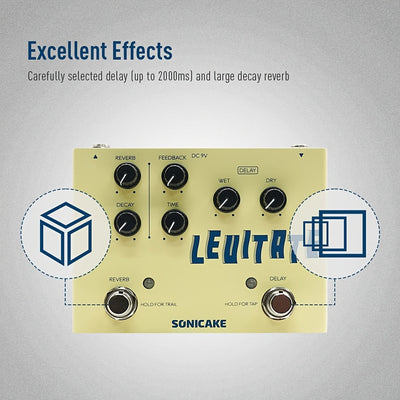 SONICAKE Pedal de efectos para guitarra con retraso y reverberación 2 en 1 - Levitación digital con retraso paramétrico y reverberación, control analógico, amarillo, conexión eléctrica de habitación, operación máxima de 36V, pedal de retraso para guitarr