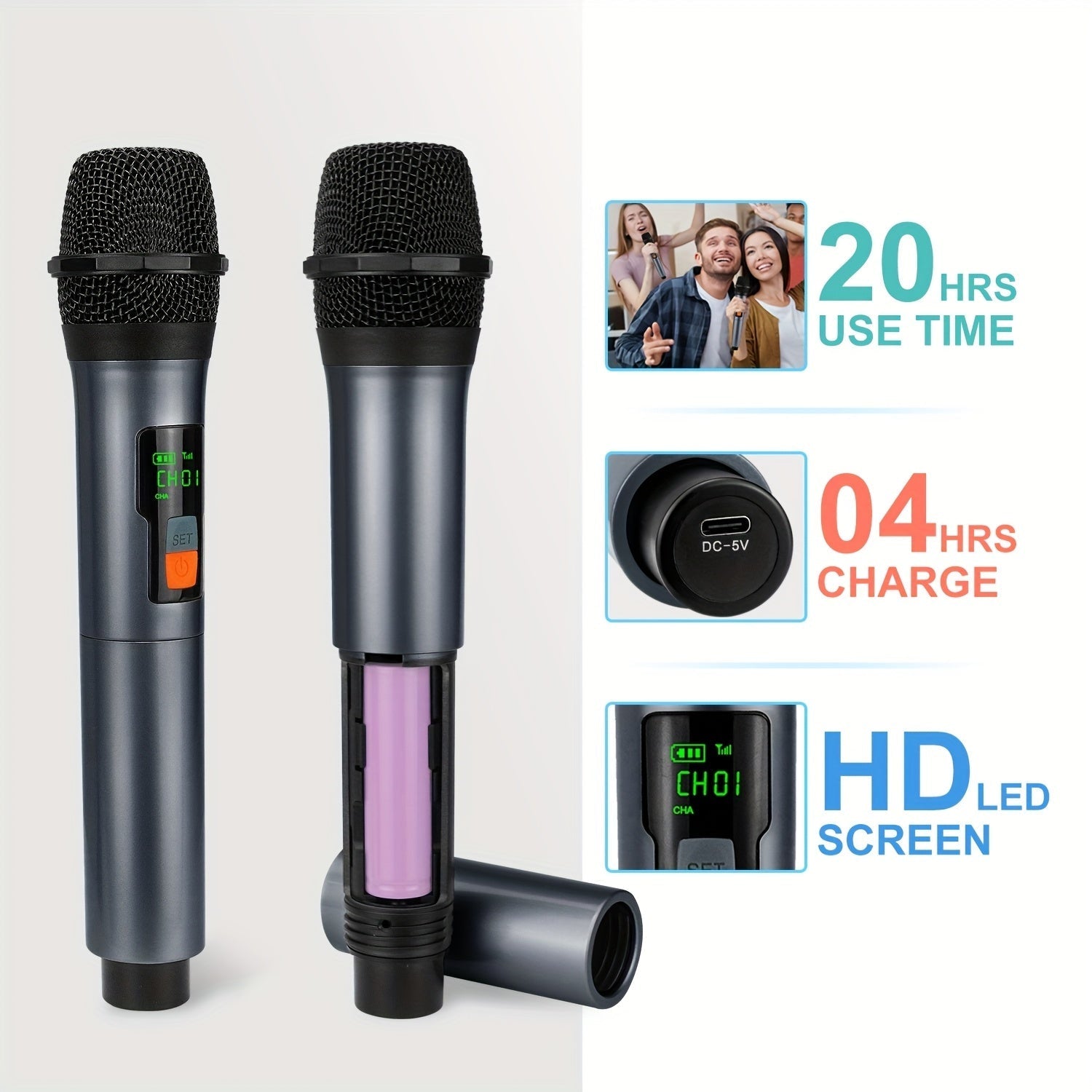Sistema de micrófono inalámbrico Heikuding E02, color gris, con batería recargable, tecnología inalámbrica 2.4GHz, pantalla LCD, funciones de silencio y bloqueo, carga USB-C, incluye filtro antipop y pantalla antiviento, ideal para podcasting, grabación