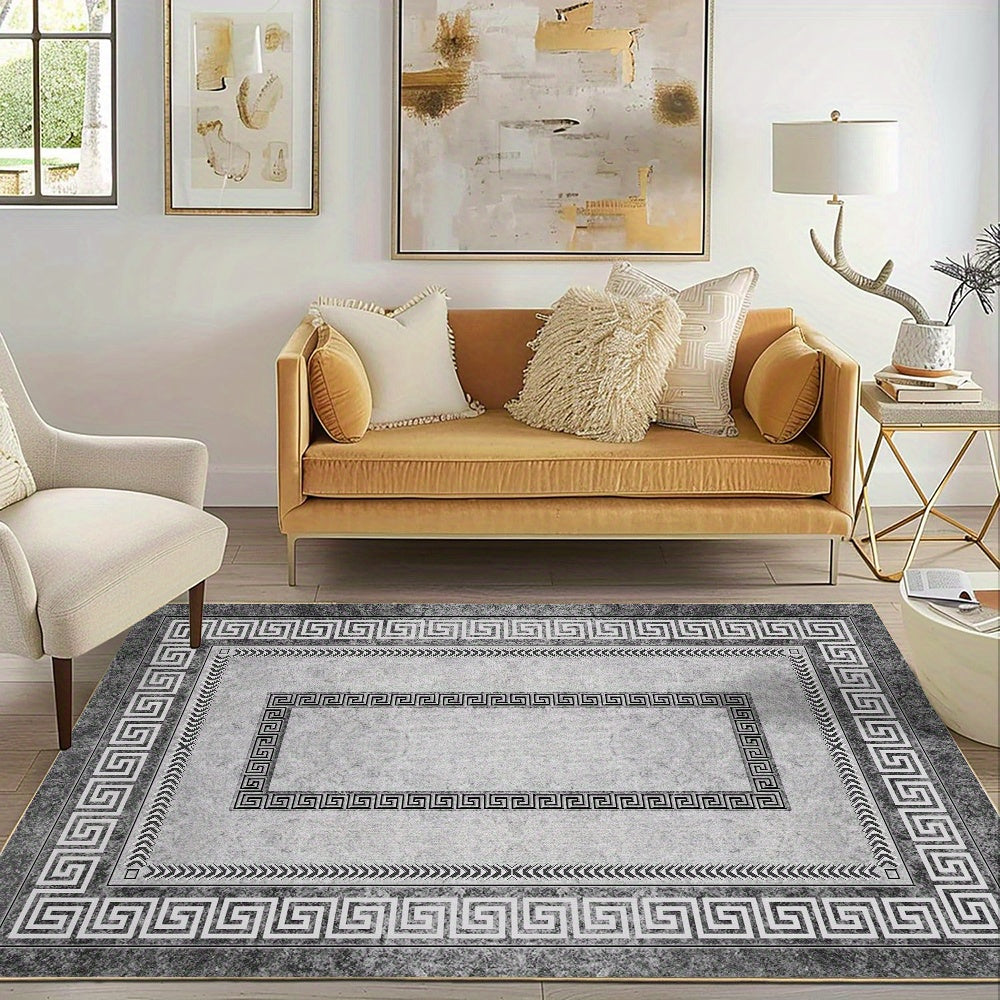 Alfombra de terciopelo de lujo - Estampado floral bohemio y persa vintage, base antideslizante, lavable a máquina, 100% poliéster - Ideal para áreas de alto tráfico como sala, dormitorio y espacios interiores, 850 g/m², diseño en gris neutro y mármol neg