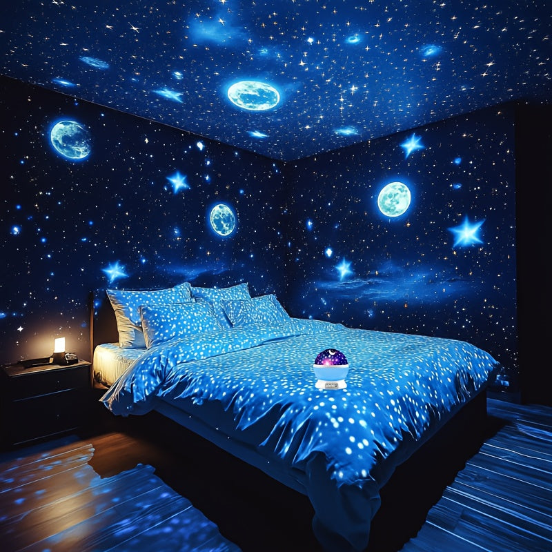 1pc Luz Nocturna Proyector 3D Giratoria de Estrellas y Luna con USB - 12 Modos de Color, Acabado en Metal Pulido, Diseño Portátil Independiente para Decoración de Dormitorio, Fiestas, Iluminación Ambiental, Luz Nocturna para Habitación, Decoración Temáti