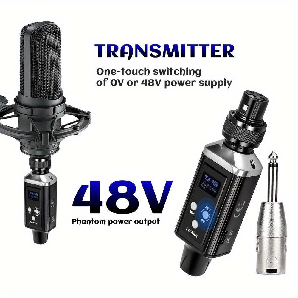 Sistema de micrófono inalámbrico profesional UHF con recarga USB, ganancia de audio incorporada, sonido HD sin pérdida, cambio de una sola tecla, 48V/0V, conector XLR, diseño compacto para micrófonos de condensador y bobina móvil, micrófono para grabació