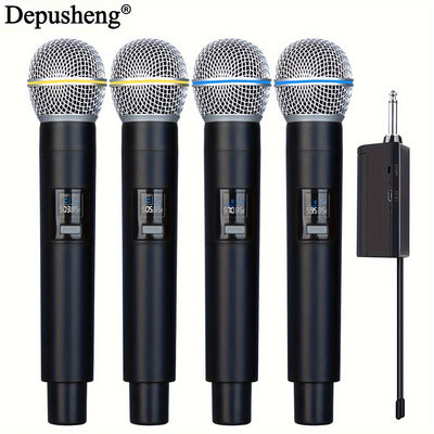 Micrófono Inalámbrico Recargable DEPUSHENG de Doble Canal 4 Canales Plug and Play Adecuado para Karaoke, Cantar, Discursos, Bodas, Sistemas de PA
