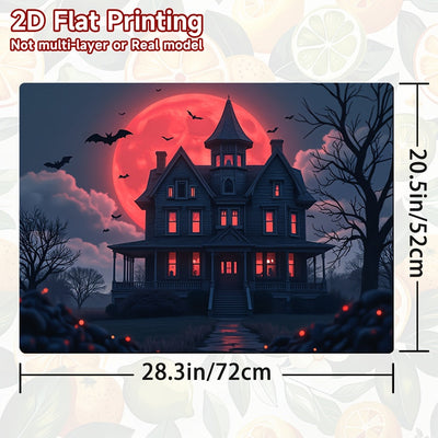 1pc Alfombrilla para Estufa de Halloween - Casa Encantada, Murciélagos, Cielo Nocturno con Luna Roja - Protector Antideslizante para Cocina, Lavadora, Secadora y Cafetera - Fácil Limpieza en Poliéster, Decoración Temática de Terror, Impresión Plana 2D, C