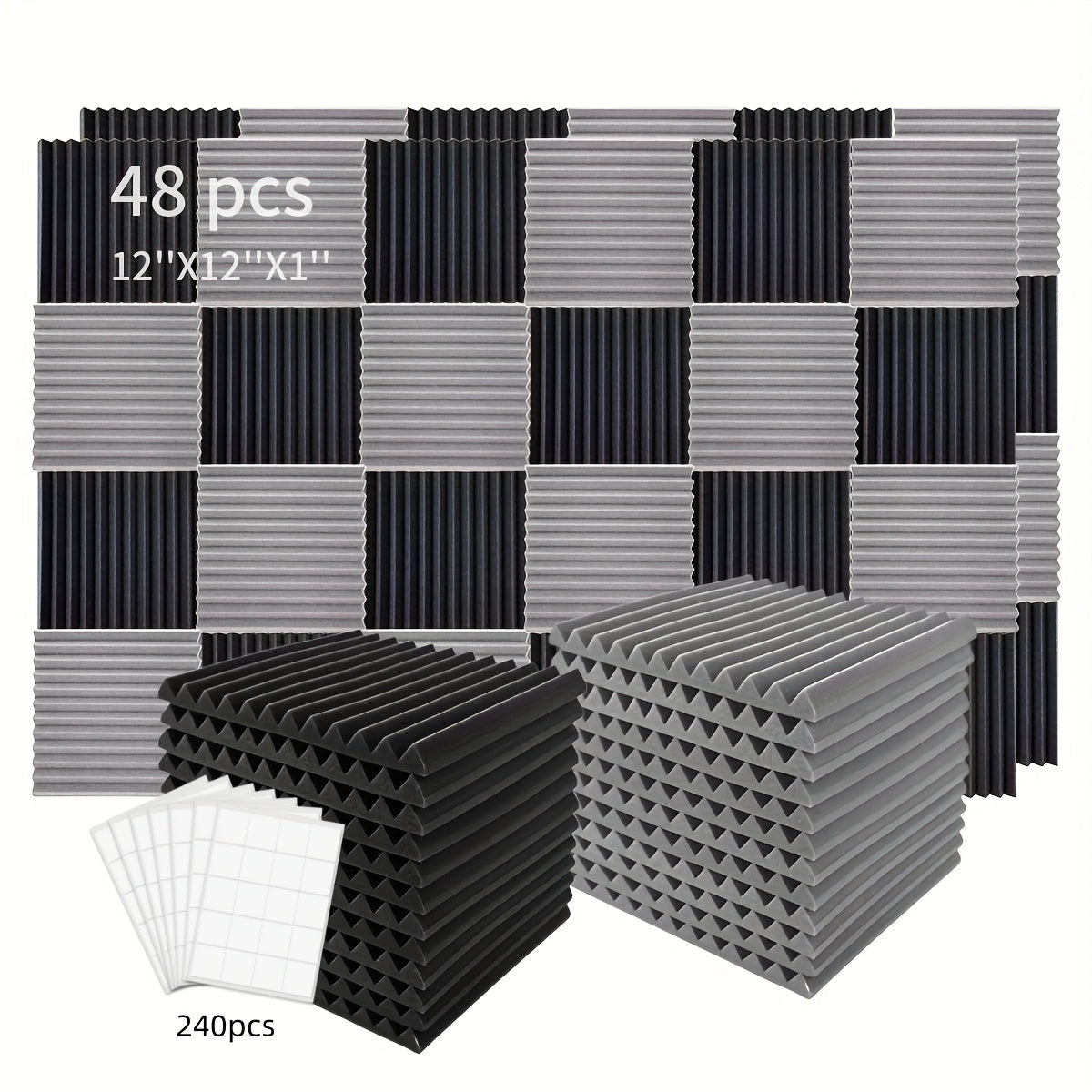 48pcs Paneles de Espuma Acústica, Cuñas de Aislamiento Acústico para Estudio, Relleno Antifuego y Aislante de Sonido, Cuñas de 1"×12"×12" Tratamiento de Absorción con Esponja de Espuma Acústica, Ideal para Dormitorio, Estudio y Oficina, Negro y Gris