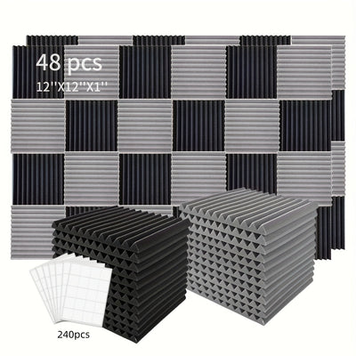 48pcs Paneles de Espuma Acústica, Cuñas de Aislamiento Acústico para Estudio, Relleno Antifuego y Aislante de Sonido, Cuñas de 1"×12"×12" Tratamiento de Absorción con Esponja de Espuma Acústica, Ideal para Dormitorio, Estudio y Oficina, Negro y Gris