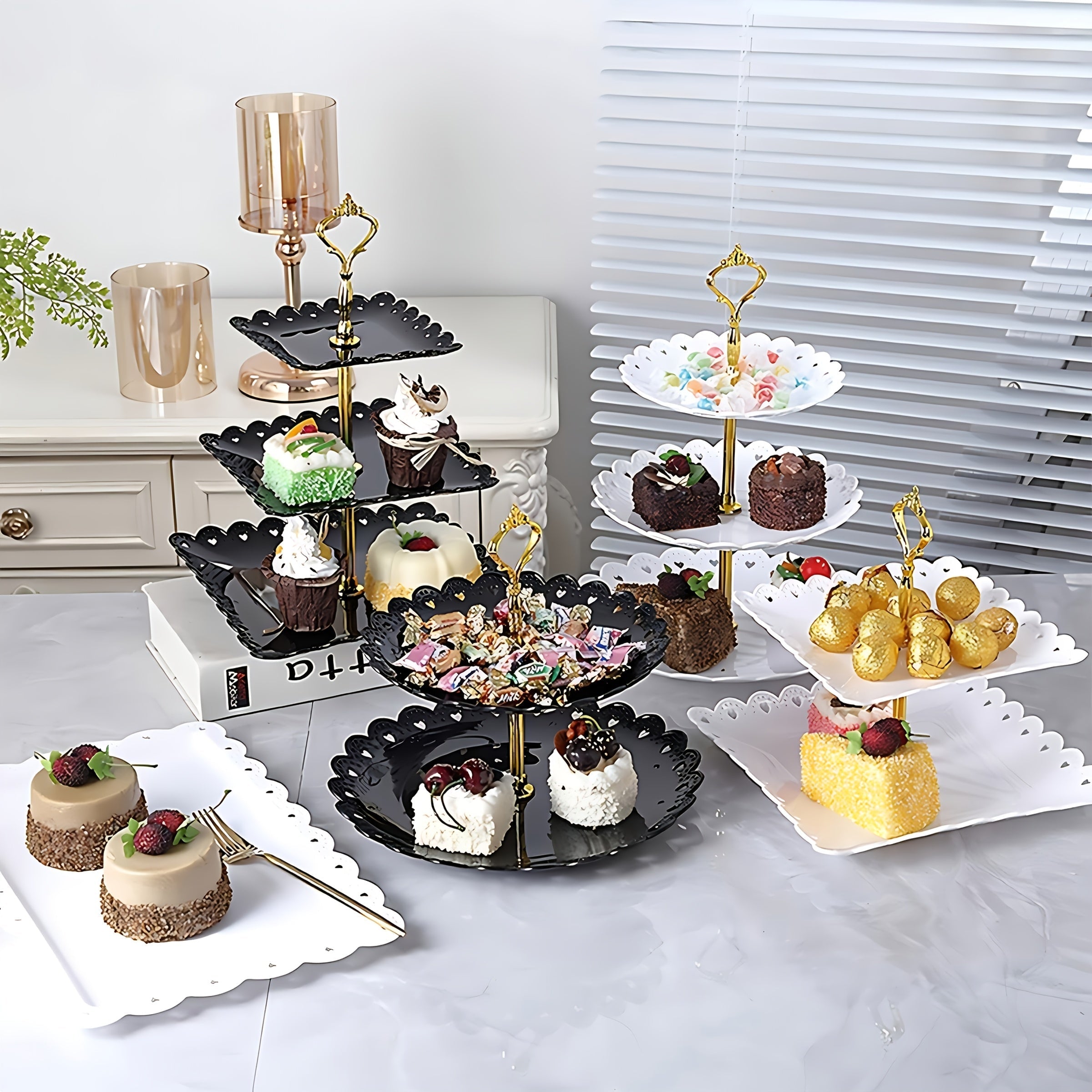 Juego de 6 Piezas de Soporte y Bandeja para Pastel de Plástico, Estante para Postres en Capas, Plato para Tartas, Muy Adecuado para Regalos de Cumpleaños Jóvenes Novias, Ceremonias de Fiesta, Bodas, Recepciones de Etiqueta, Servicio de Bufé, Ideal para N
