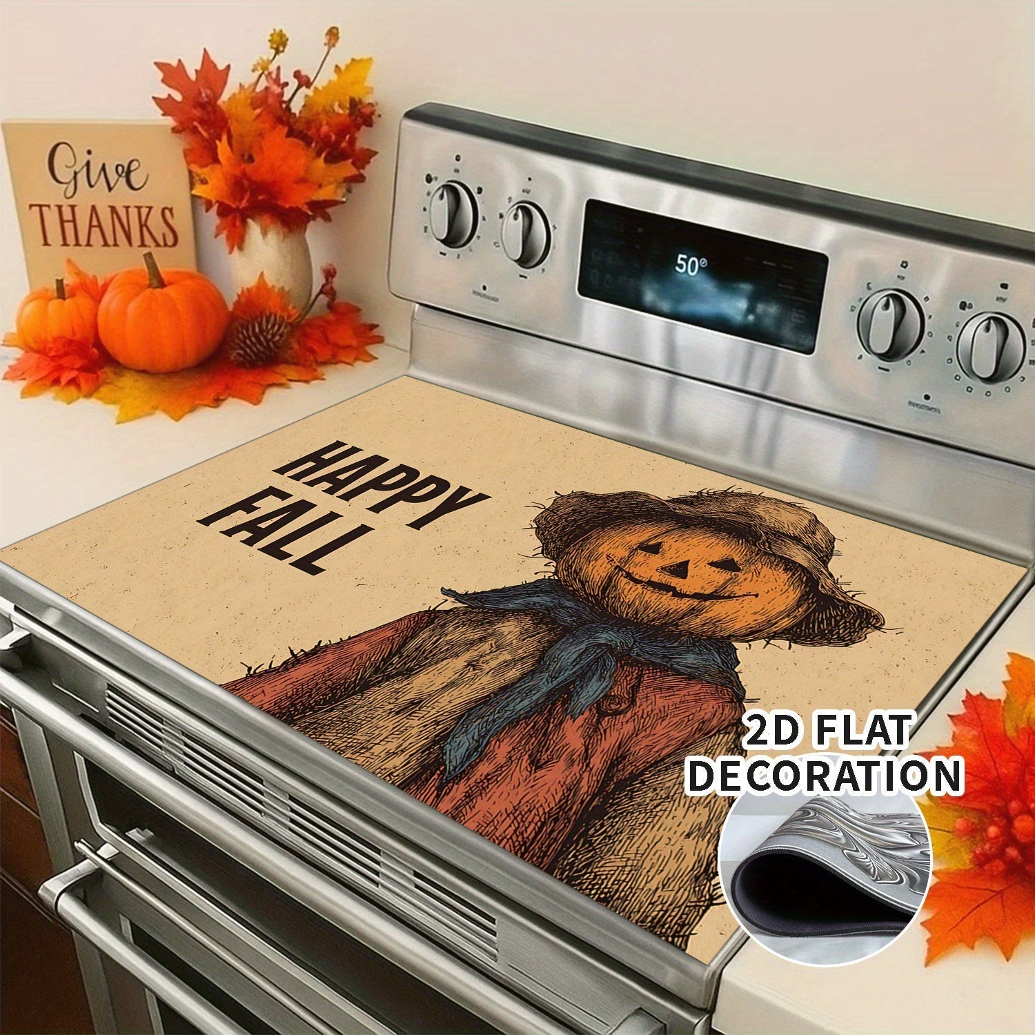 1pc Cubierta Decorativa para Estufa de Acción de Gracias con Diseño de Calabaza "FELIZ OTOÑO" - Protector Antirrayas con Forro de Goma para Quemadores de Gas/Eléctricos, Decoración de Cocina de Otoño y Cosecha para Halloween - Ajuste Perfecto sin Tapar C