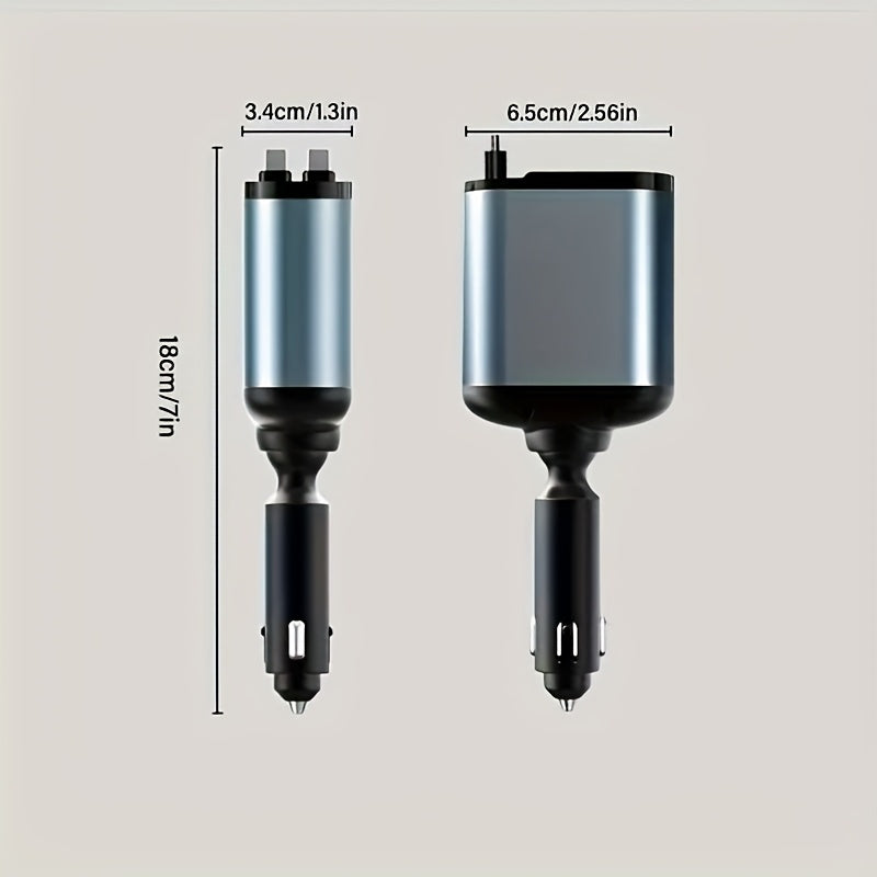 Cargador de coche retráctil rápido de 120 W con 2 cables USB tipo C - Enchufe universal, no necesita batería, salida de 13,8 V, solución de carga para coche | Cargador compacto | Cable retráctil, adaptador de cargador de coche