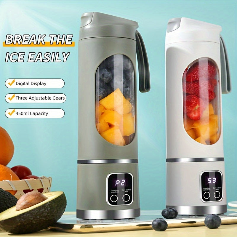 Un portátil licuadora de batidos y smoothies, mini licuadora sin cable, 450 ml, sin BPA, pantalla digital, 12 cuchillas de acero inoxidable duraderas, fácil de limpiar, 7,4 V, carga tipo C, accesorio de cocina, jugo fresco, perfecto para viajes.