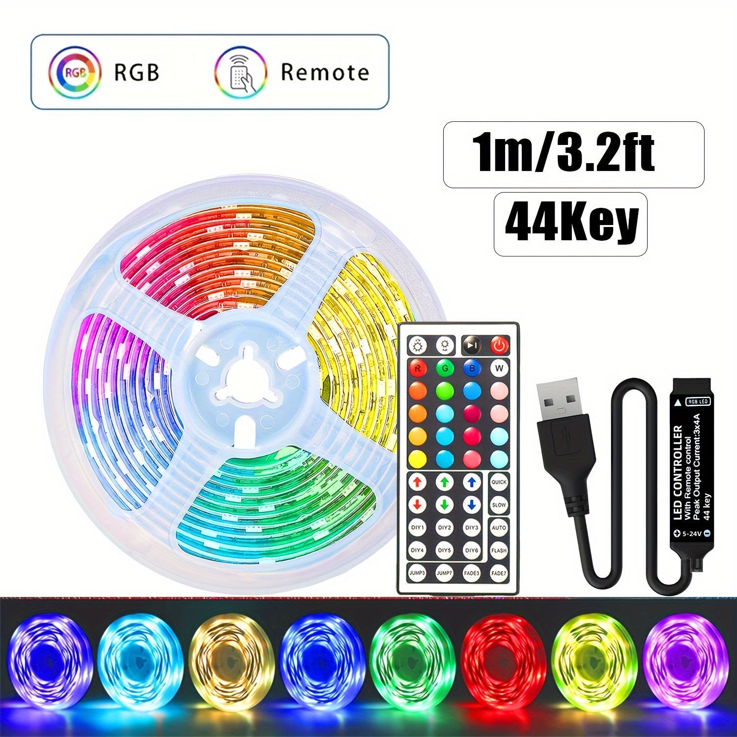 Tira de luces LED RGB de carga USB 5V 3535 con 44 teclas, fuente de alimentación USB FÁCIL de INSTALAR, cambio de color RGB con fuente de alimentación de 5V, luces LED RGB adecuadas para iluminación de escenario, decoración del hogar, fiestas y festivale