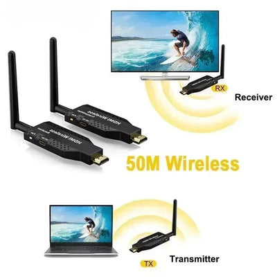ALYNIC 1080P 60Hz 50m Transmisor y receptor inalámbricos compatibles con HDTV, 1 TX a 4 RX Adaptador de dongle de video y audio portátil HD, kit de extensor con antena de baja latencia para cámara, portátil, PS4, PC a proyector de TV, monitor, plug & pla
