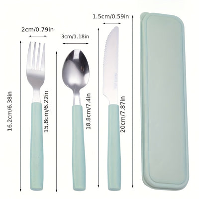 3 piezas de juego de cubiertos de viaje portátil de acero inoxidable, incluyendo cuchillo, tenedor, cuchara - Perfecto para oficina, escuela, picnic, camping y actividades al aire libre - Más adecuado para estudiantes y amigos pequeños con almacenamiento