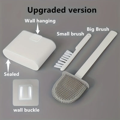 Cepillo de baño de silicona montado en la pared y juego de cepillo de mango largo ergonómico - Diseño antiadherente, fácil de limpiar para un baño higiénico, Kit de limpieza de baño | Decoración de baño elegante | Diseño ergonómico