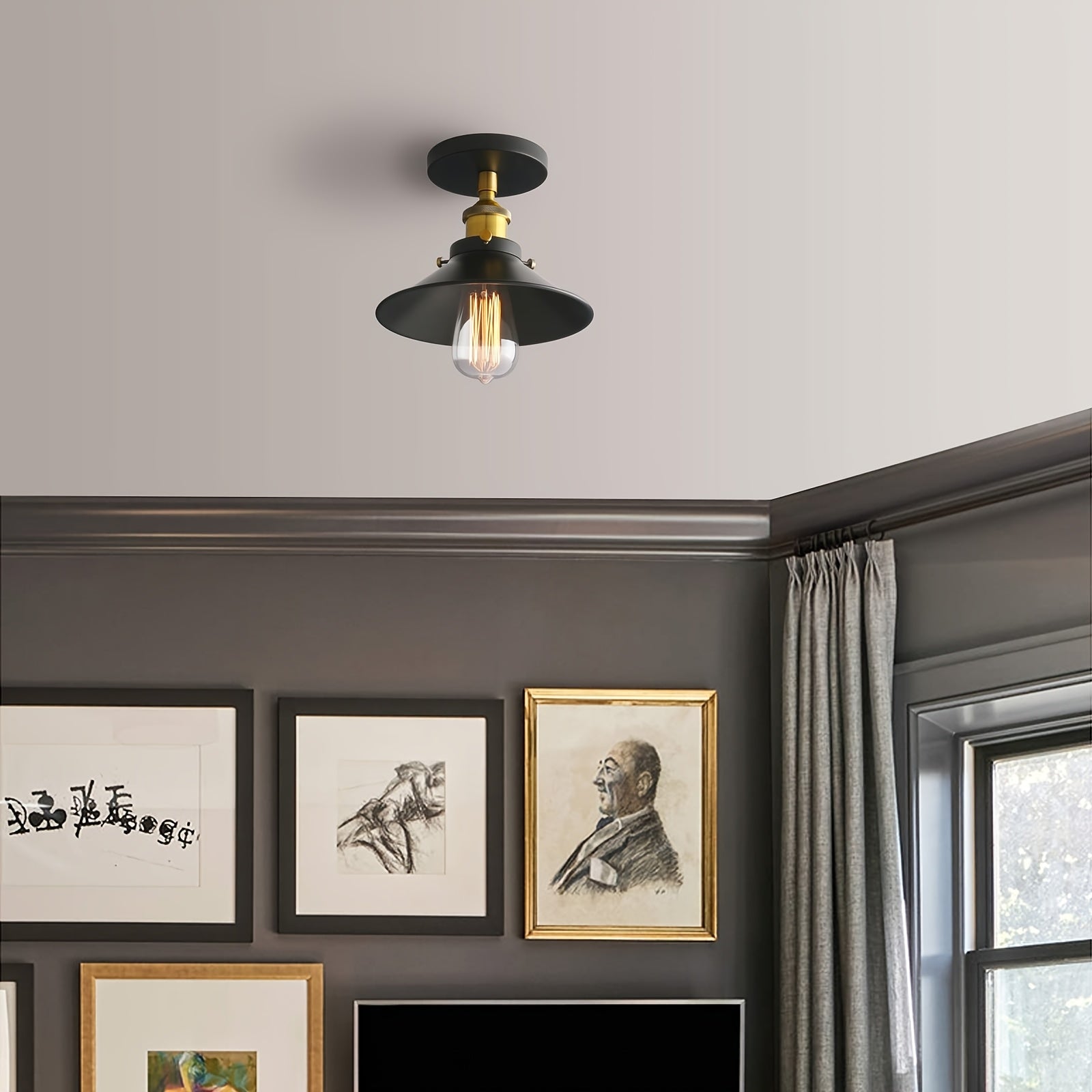 2 piezas de lámpara de techo industrial vintage, iluminación de techo con pantalla de hierro negro, lámpara de techo vintage con pantalla de metal, accesorios de iluminación estilo granja para pasillo, loft, cocina o bar, luz montada semiempotrada en col