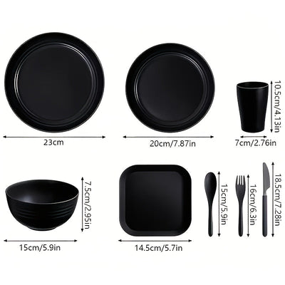 Juego de vajilla de plástico PP ligero, 32/64 piezas, resistente para microondas y lavavajillas, forma redonda moderna, ideal para Año Nuevo, Día de San Valentín y picnics al aire libre (en gris y negro), esenciales para picnic, vajilla moderna, juego de
