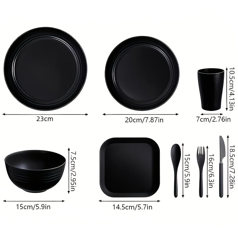 Juego de vajilla de plástico PP ligero, 32/64 piezas, resistente para microondas y lavavajillas, forma redonda moderna, ideal para Año Nuevo, Día de San Valentín y picnics al aire libre (en gris y negro), esenciales para picnic, vajilla moderna, juego de