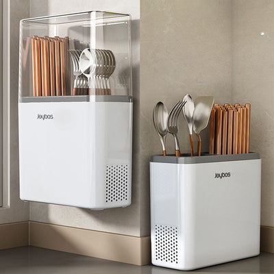 Joybos Caja de Almacenamiento para Utensilios Montada en la Pared, Porta Palillos con Cubierta Antipolvo y Drenaje, Organizador Multifuncional de Cubertería, Contenedor Multiusos para el Hogar y Baño, Regalo del Día del Padre