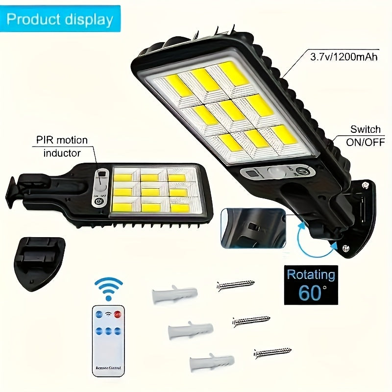4 luces solares para pared LihangStar 108COB con sensor, 3 modos y control remoto, acabado en plástico y metal resistente, ideales para jardín, patio, pasillos, iluminación de calles, luz exterior para pared | Iluminación exterior moderna | Lámpara resis