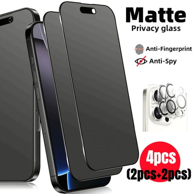 2+2 piezas de protectores de pantalla de privacidad mate con protectores de lentes de cámara para la serie de modelos de for iphone, vidrio templado mate anti-espiar, 9H de dureza, protectores de vidrio de privacidad anti-arañazos, compatibles con for ip
