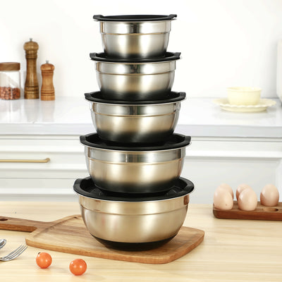 Juego de 5 tazones tapados para cocina, acero inoxidable, ideal para hornear, preparar, cocinar y servir, diseño en capas que ahorra espacio de almacenamiento