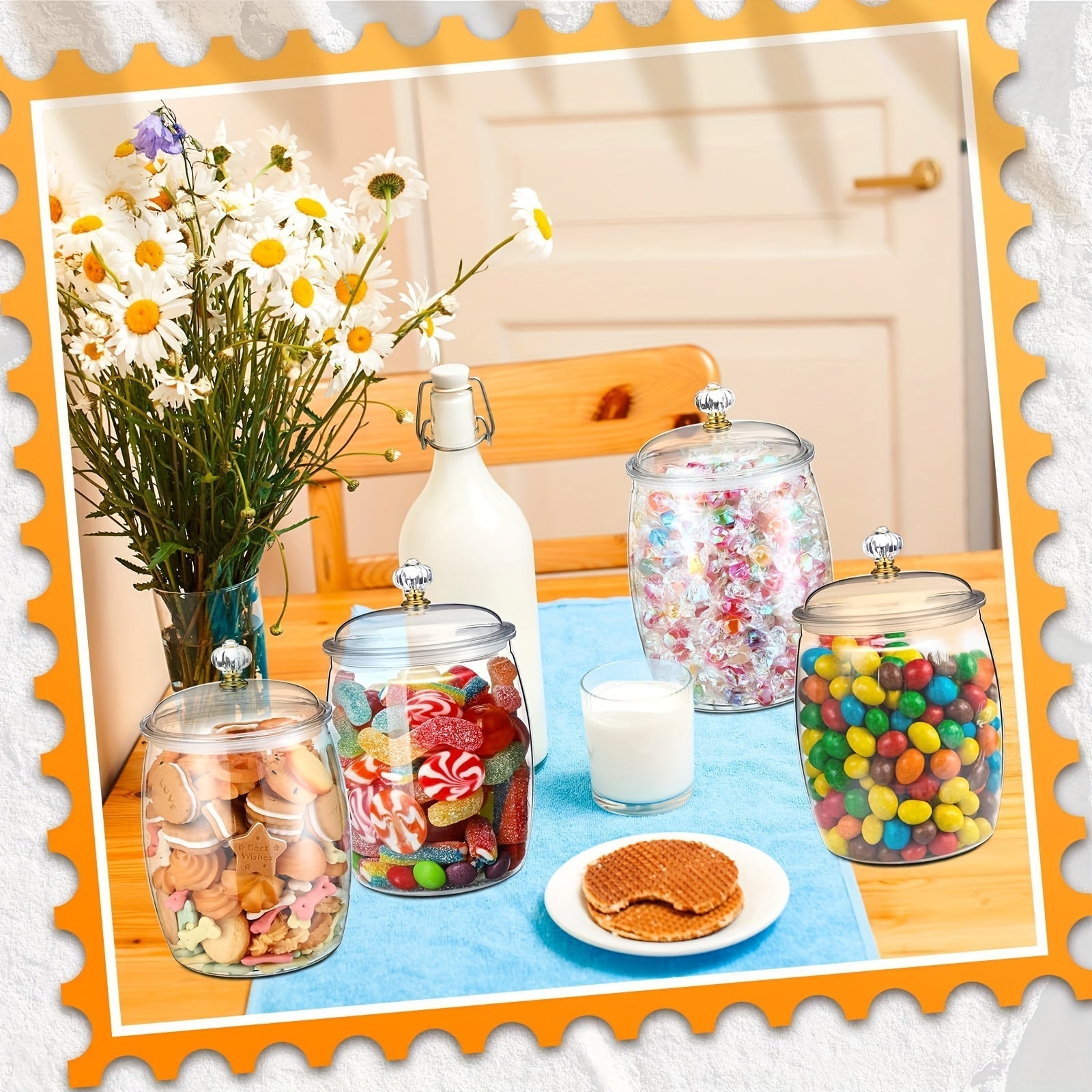Juego de 4 Tarros para Dulces y Galletas con Tapas, Tarro Plástico Decorativo para Medicinas, Contenedor Auto-Servicio para Dulces, Tarro Sellado Transparente para Almacenamiento de Alimentos, Decoración del Hogar