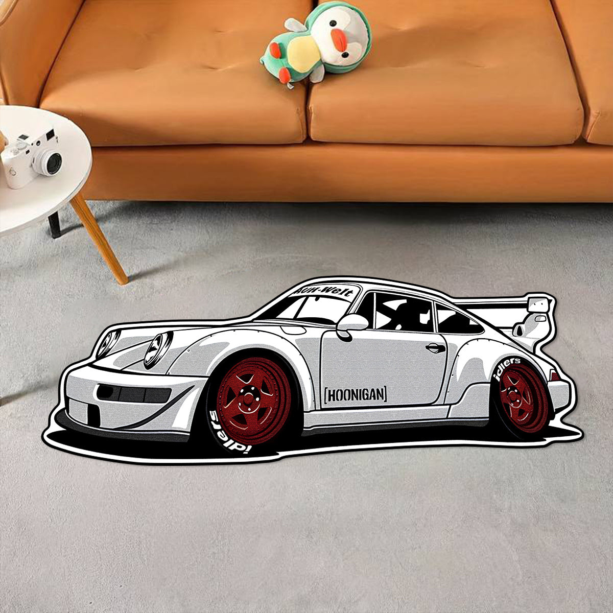 Alfombra de auto de carreras Porsche, 1000G/6mm de grosor, antideslizante y resistente al desgaste, diseño en blanco y negro, ideal para decoración de dormitorio, sala de estar, acento deportivo en la habitación, alfombra duradera