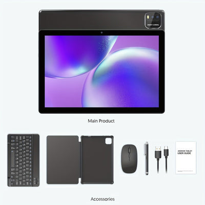 Tableta Android 15 nueva de 2025 con pantalla HD protectora ocular de 10.1 pulgadas, 64GB ROM, 12GB (3GB + 9GB) RAM, incluye teclado, mouse, funda protectora y lápiz óptico, procesador quad-core, cámaras IPS 1280*800, batería grande de 6000mAh, WiFi6 5G,