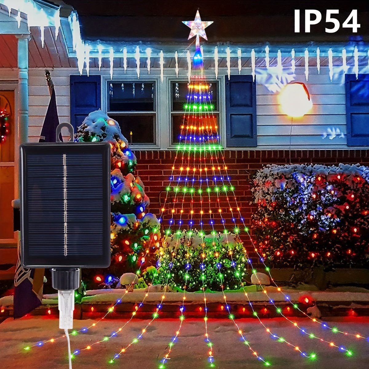 Luces Navideñas Solares para Exteriores de 1 pieza, Cadena de Luces Estrella de Navidad con 280 LED y 9 Hilos de Luz en Cascada para Árbol, 8 Modos, para Jardín, Patio y Decoración Navideña, Multicolor, Blanco Cálido IP54 200LEDs