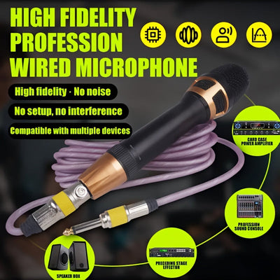 Micrófono de Karaoke Dinámico XGeS, Micrófono de Voz Profesional de Metal Portátil, Material de Cobre, Negro, con Cable de Altavoz XLR de 5M 6,35mm, para Cantar, Juegos, Conferencias de Video, Transmisión, Sin Batería Requerida, Alimentación Cableada ≤36