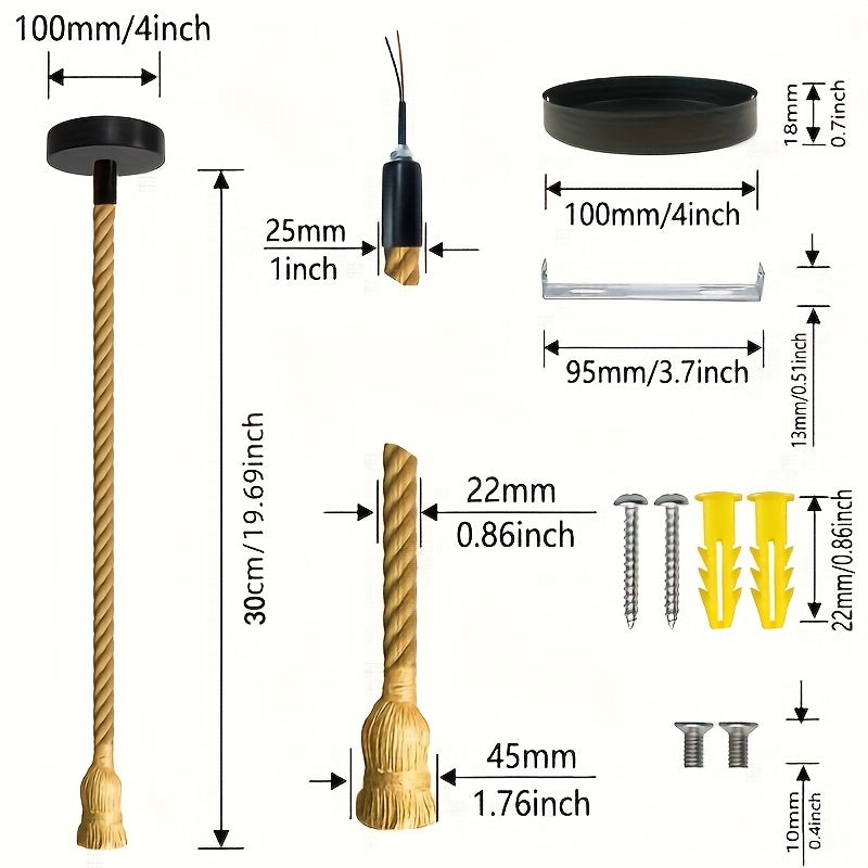 Lámpara colgante de cuerda de cáñamo con base E27, estilo vintage para decoración del hogar, instalación semiempotrada, 110V-240V, incluye hardware de instalación, iluminación de textura natural, lámpara de sala, encanto rústico