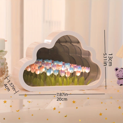 Luz de noche de tulipán de nube hecha a mano, producto terminado espejo, lámpara de mesa LED brillante, decoración para dormitorio, luz de atmósfera, regalo creativo de cumpleaños para esposa o mejor amiga.