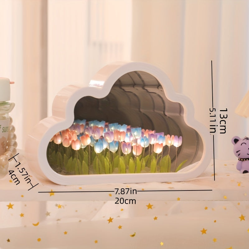 Luz de noche de tulipán de nube hecha a mano, producto terminado espejo, lámpara de mesa LED brillante, decoración para dormitorio, luz de atmósfera, regalo creativo de cumpleaños para esposa o mejor amiga.