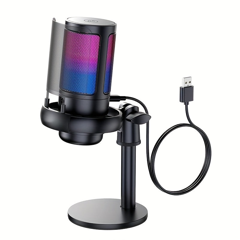 Micrófono condensador USB con iluminación RGB, portátil, brazo ajustable para gaming, streaming y grabación, incluye filtro antipop, color negro, micrófono para juegos, micrófono de brazo ajustable, construcción duradera